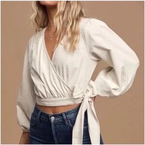 Free people Sophie Cream Denim Balloon Sleeve Wrap Crop Top| 100 percent cotton